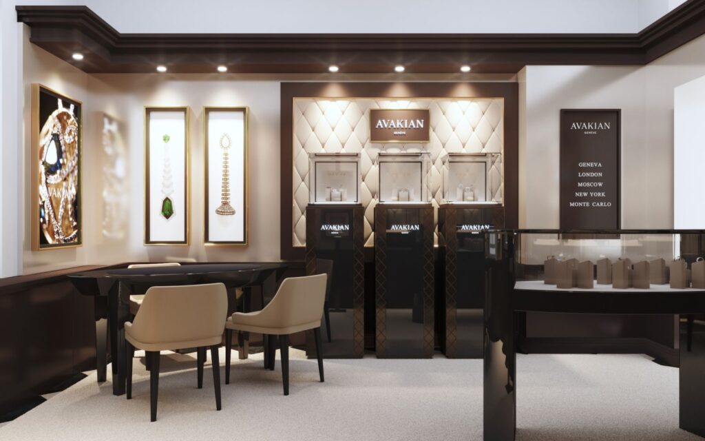 Retail 3D rendering of the Avakian jewelry store with dark furniture, white walls, well-lit display cases, and cream-colored carpet on the floor