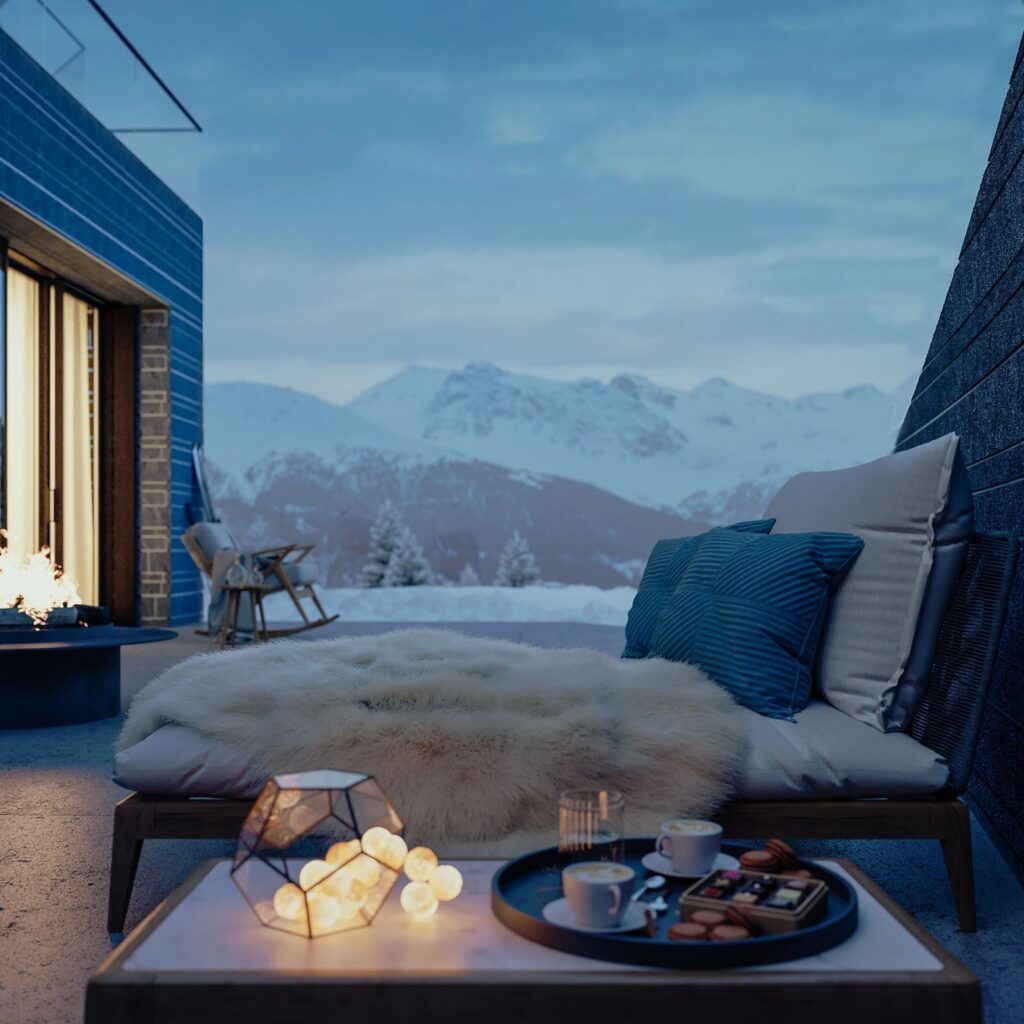 Interior 3D rendering of the Six Senses hotel balcony, with modern outdoor furniture made of wood and metal that matches the finishes of the walls and floor