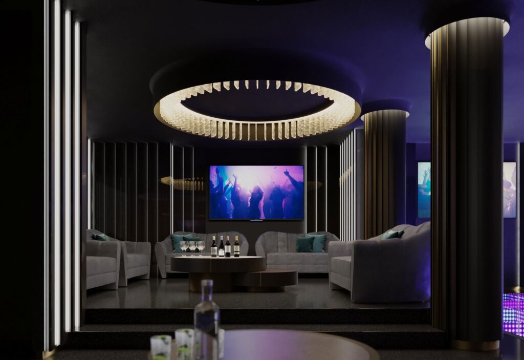 3D-Innenansicht der privaten Disco in Paris mit abgeschiedenen Bereichen, die mit grauen Sesseln, einem Fernseher und einer blauen Decke dekoriert sind