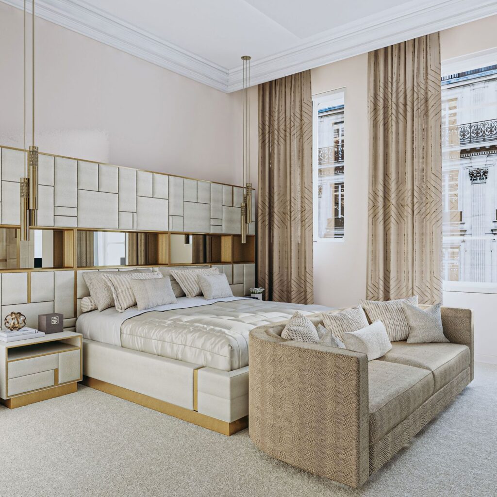 Interior 3D rendering of the George Mandel bedroom with gold curtains, white furniture and modern style