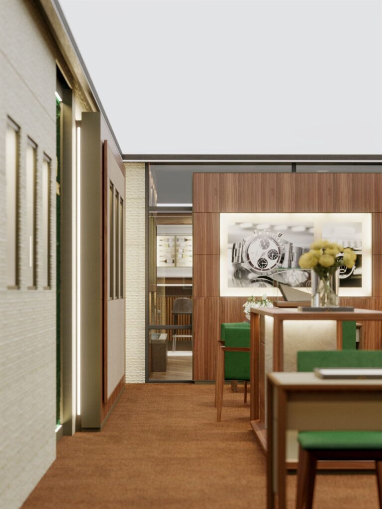 Interior 3D rendering of the Windeshousen store designed with textured walls, green chairs, and wooden walls