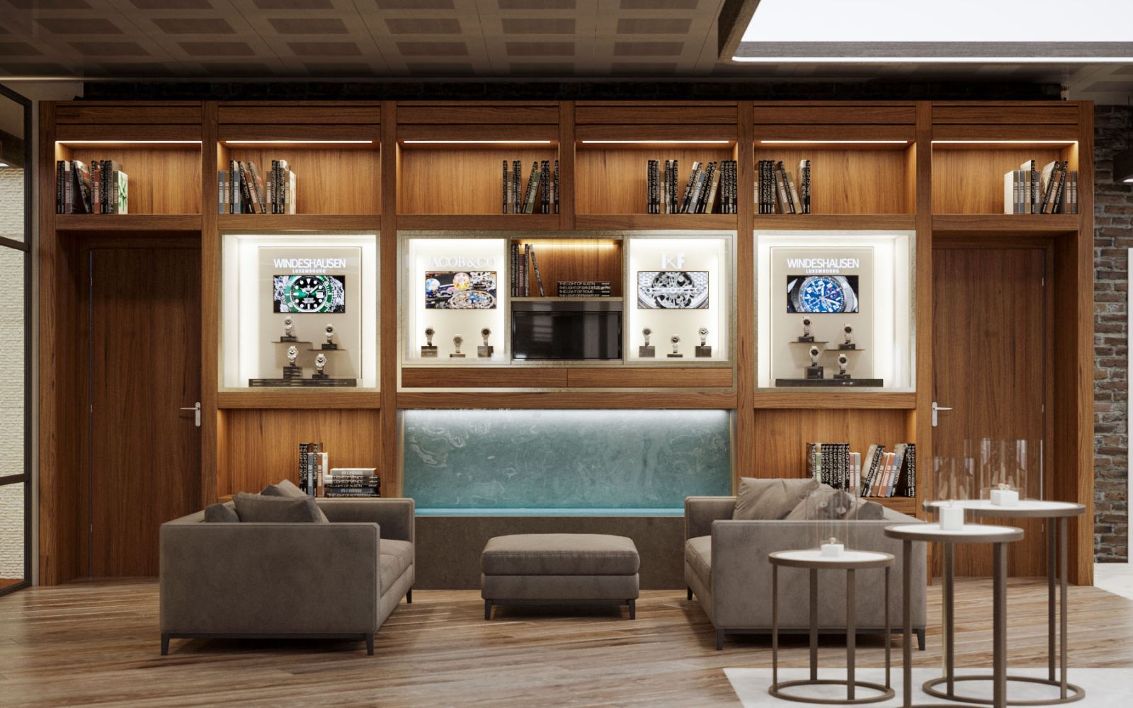 Interior 3D rendering of the Windeshousen store decorated with a wooden wall that has shelves and storage space and gray armchairs and one light blue one that stands out in the environment