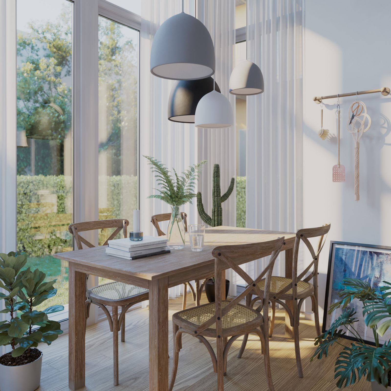 Interior 3D rendering of the Petrarca dining room with a classic light-colored wooden table, lots of natural light, and plants