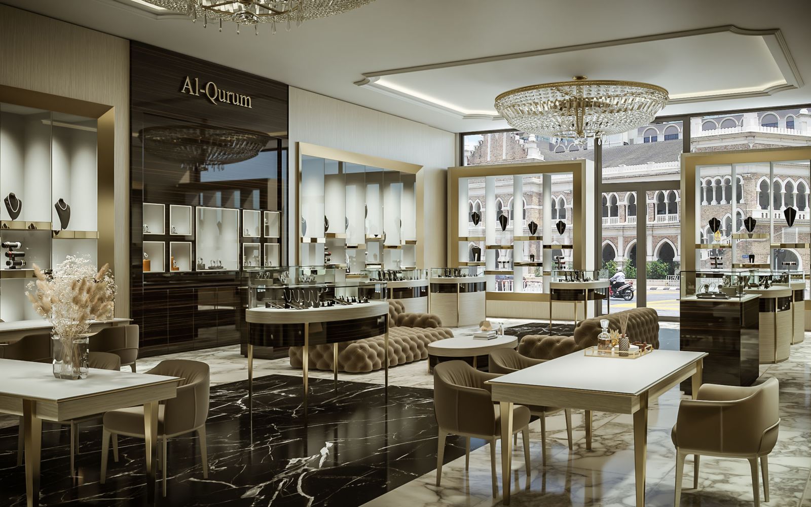 Retail 3D rendering of the Jewelry stores modern and luxurious entrance with marble floors, modern armchairs, and lots of natural light