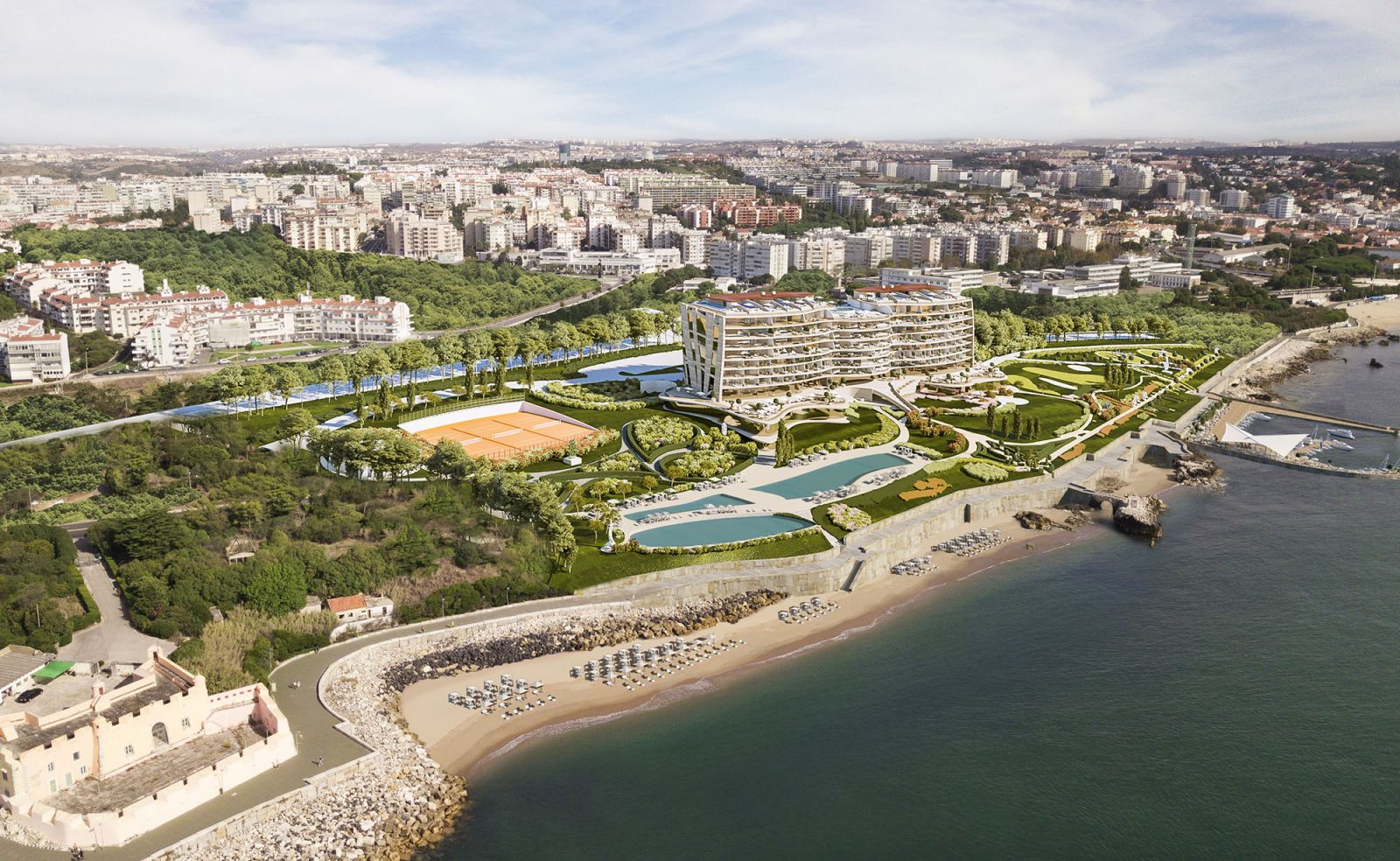 Commercial 3D rendering of the Hotel panoramic aerial view of the entire building, where you can see the large pools and the proximity to the sea.