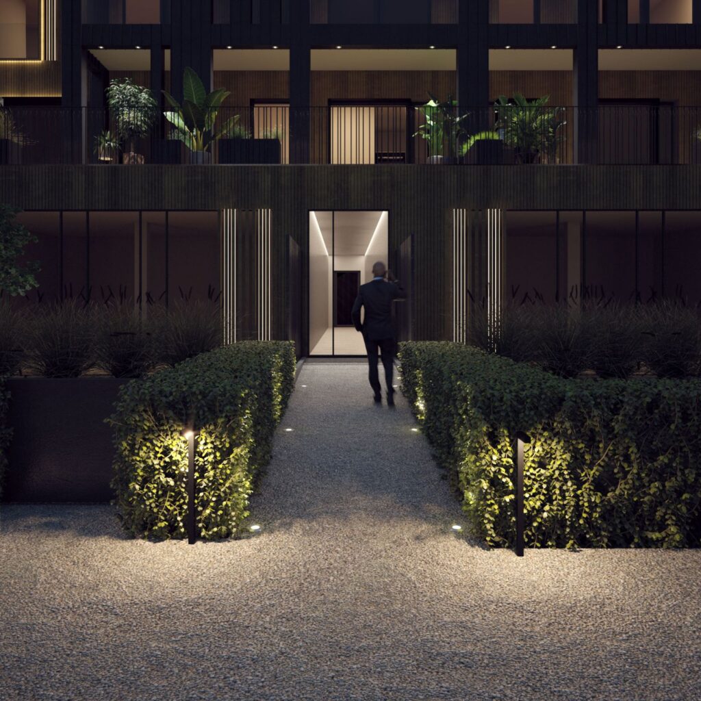 Urban 3D rendering of the Up town modern entrance, with good night lighting, decorative plants and many windows