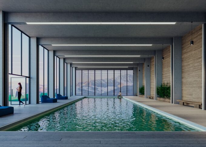 Furniture 3D rendering of several thin rectangular lamps with warm tones that are located on the ceiling