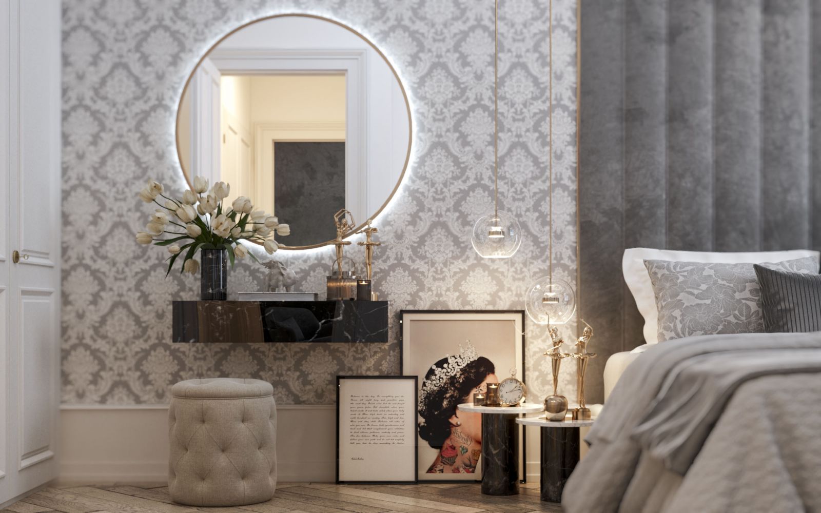 Real Estate 3D rendering of the Luxury apartment bedroom with gray furniture and patterned walls