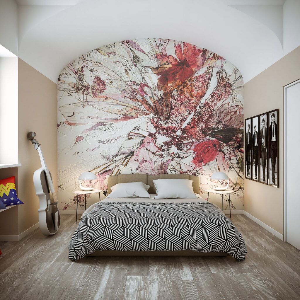 3D rendering of a modern bedroom, with a mural on the main wall and plenty of natural light