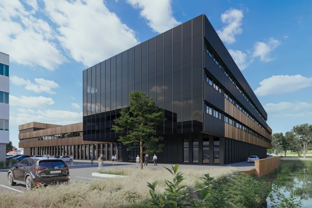 Real estate 3D rendering of the Cassiopee exterior designed with a dark black tinted glass façade and some wood finishes
