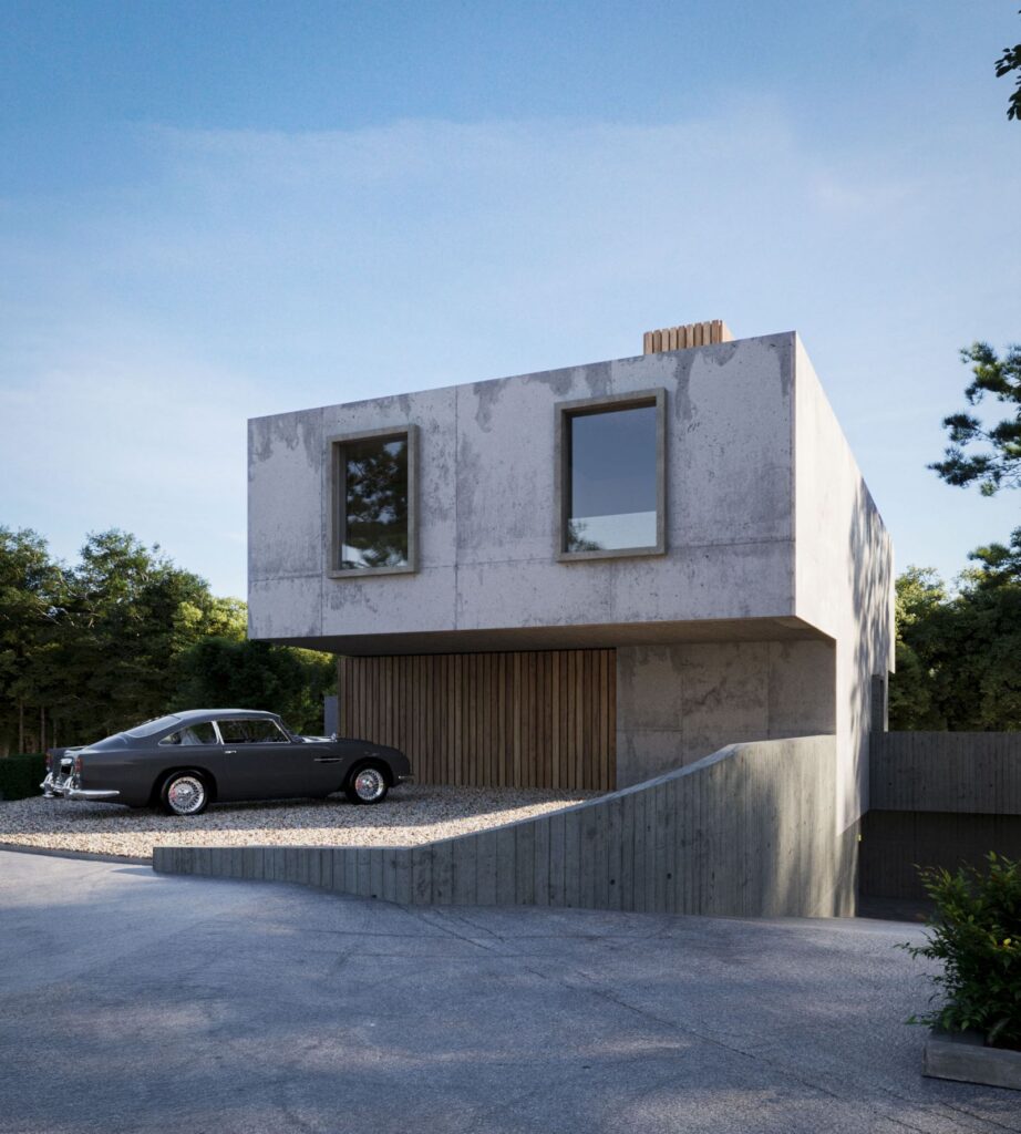 Real estate 3D rendering of the San Nazzaro exterior with concrete finishes, light wood doors and large windows