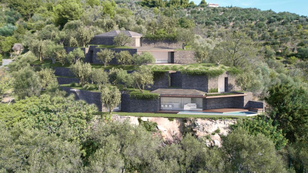 Immobilien 3D-Rendering der Außenseite des Hauses von Two Houses, das sich aufgrund seiner Farben und Materialien perfekt in die Umgebung einfügt