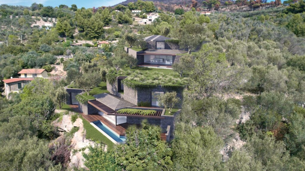 Immobilien-3D-Rendering der Außenseite der beiden Häuser, in dem Sie alle Stockwerke und ihre Integration in die Umgebung mit einem Pool sehen können