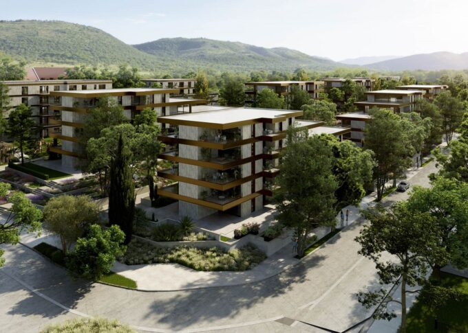 Real estate 3D rendering of the Quartier Sonnental modern and minimalist exterior, with natural tones on the walls and large balconies where you can appreciate the atmosphere