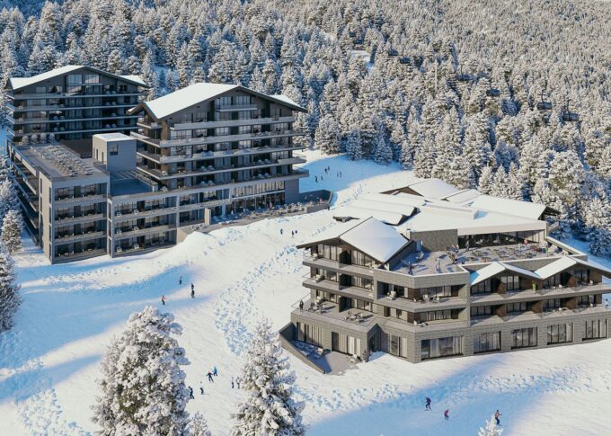 Real estate 3D rendering of the Six Senses hotel Panoramic view of the entire modern construction that stands out in the environment in which it is located with its large balconies and multiple windows