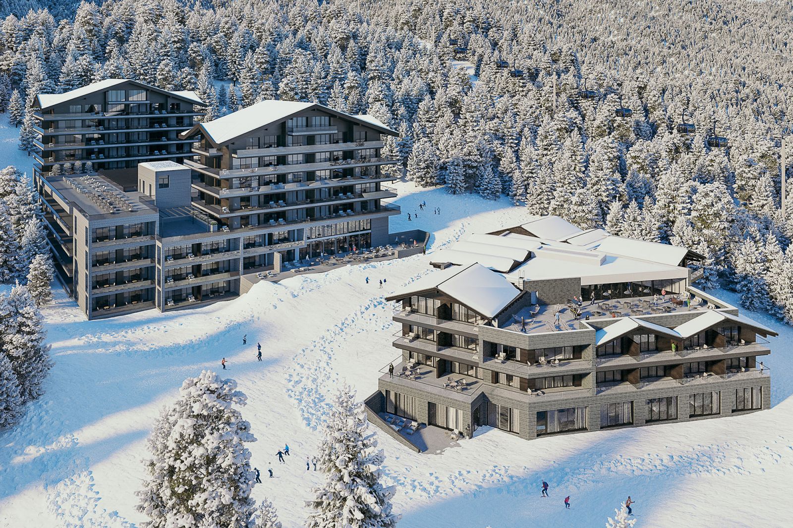 Real estate 3D rendering of the Six Senses hotel Panoramic view of the entire modern construction that stands out in the environment in which it is located with its large balconies and multiple windows