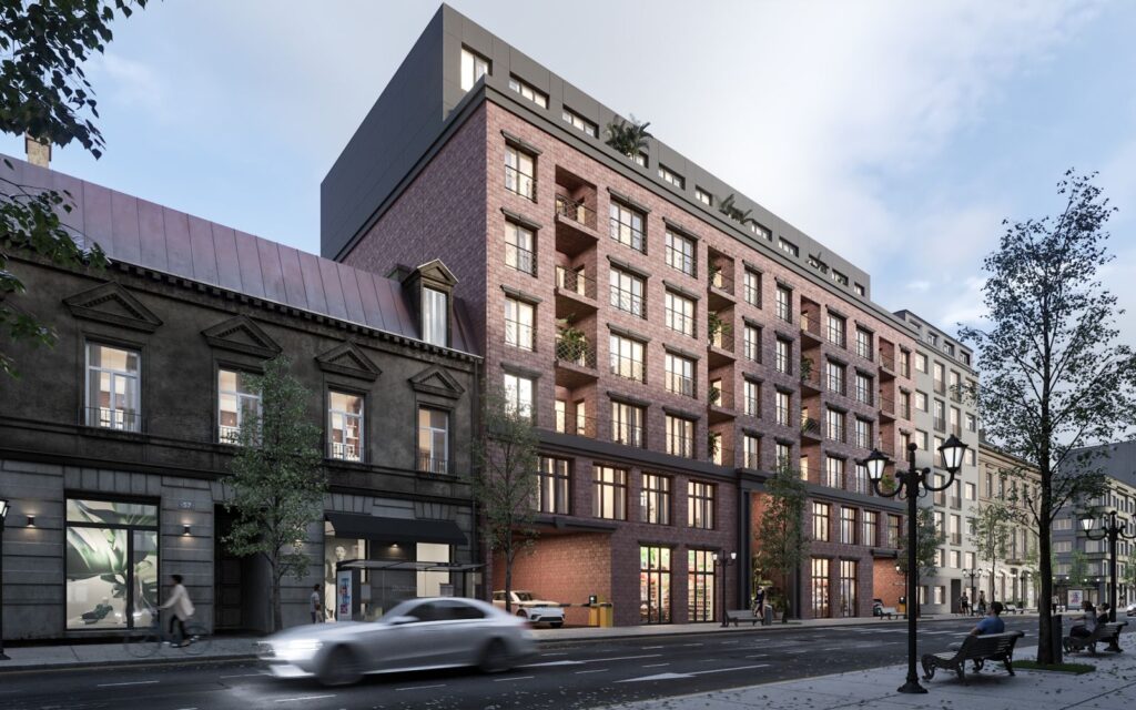Real estate 3D rendering of the Multy family building exterior with exposed brick, glass and iron windows, and a large entrance door