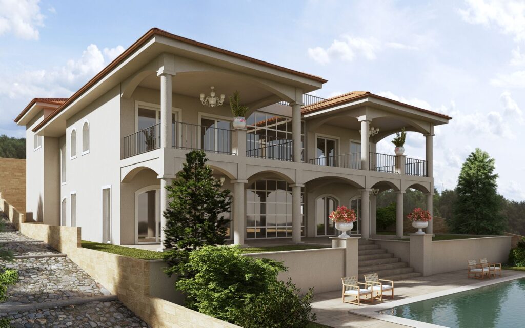 3D rendering of the family home located in Minusio, with a large pool in the front and several trees