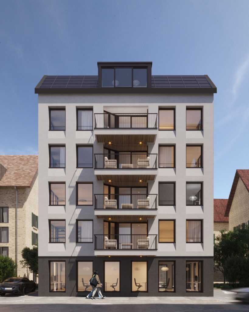 Residential 3D rendering of the Multy-family building modern with many windows to illuminate the interior rooms and balconies on each floor