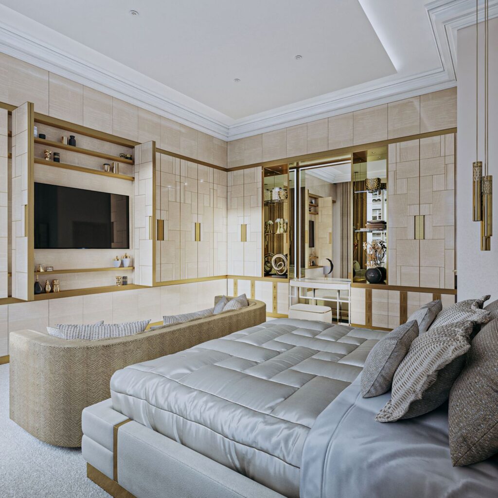 Residential 3D rendering of the George Mandel bedroom with golden decorations, a television built into the furniture and an armchair