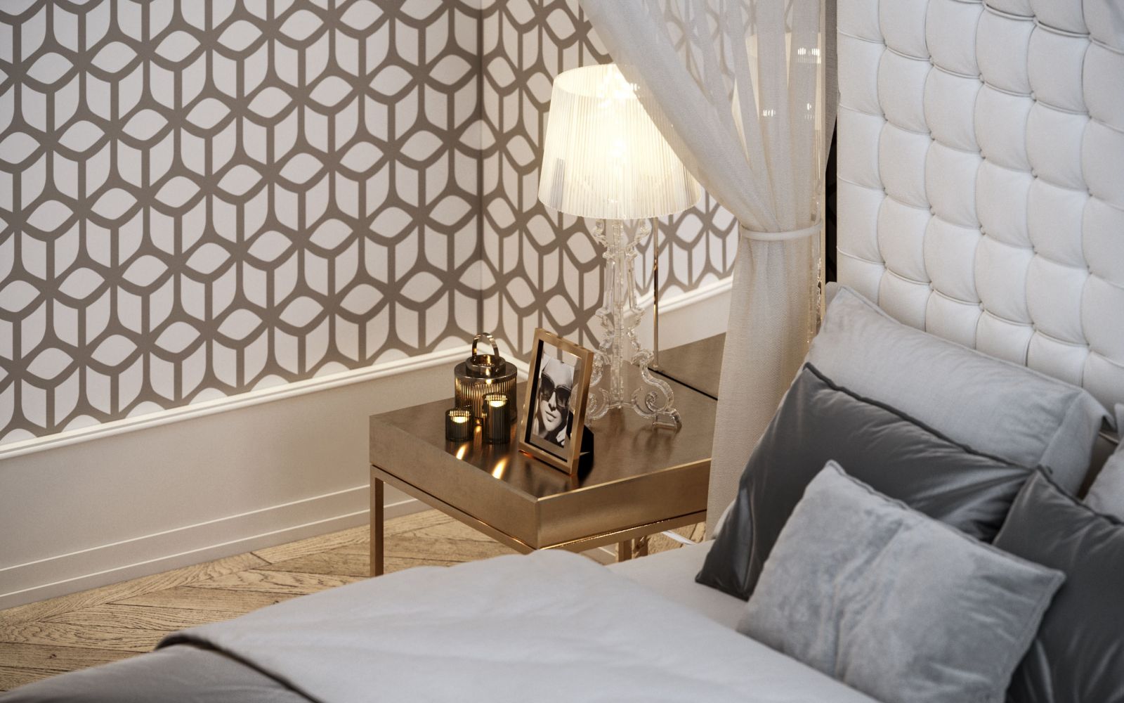 Residential 3D rendering of the Luxury apartment elegant bedroom gold light table