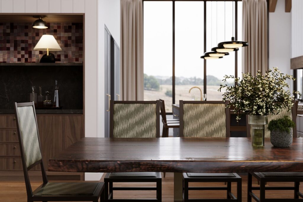 Residential 3D rendering of the Sula dining room with a wooden table that stands out and large windows