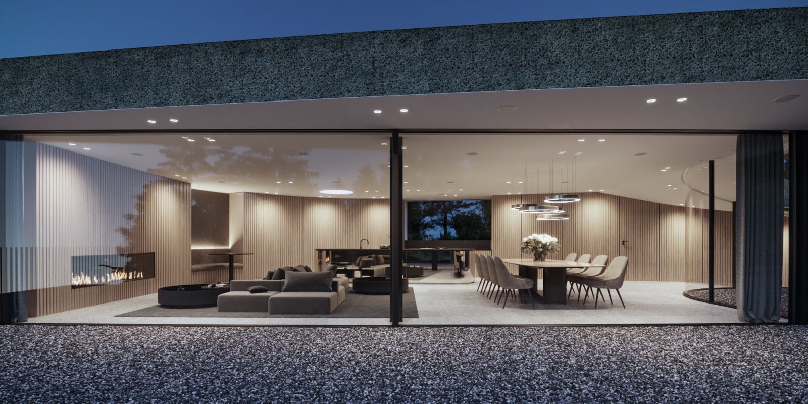 Residential 3D rendering of the Casa Gug exterior, with large windows, a good distribution of rooms within the building and wooden walls