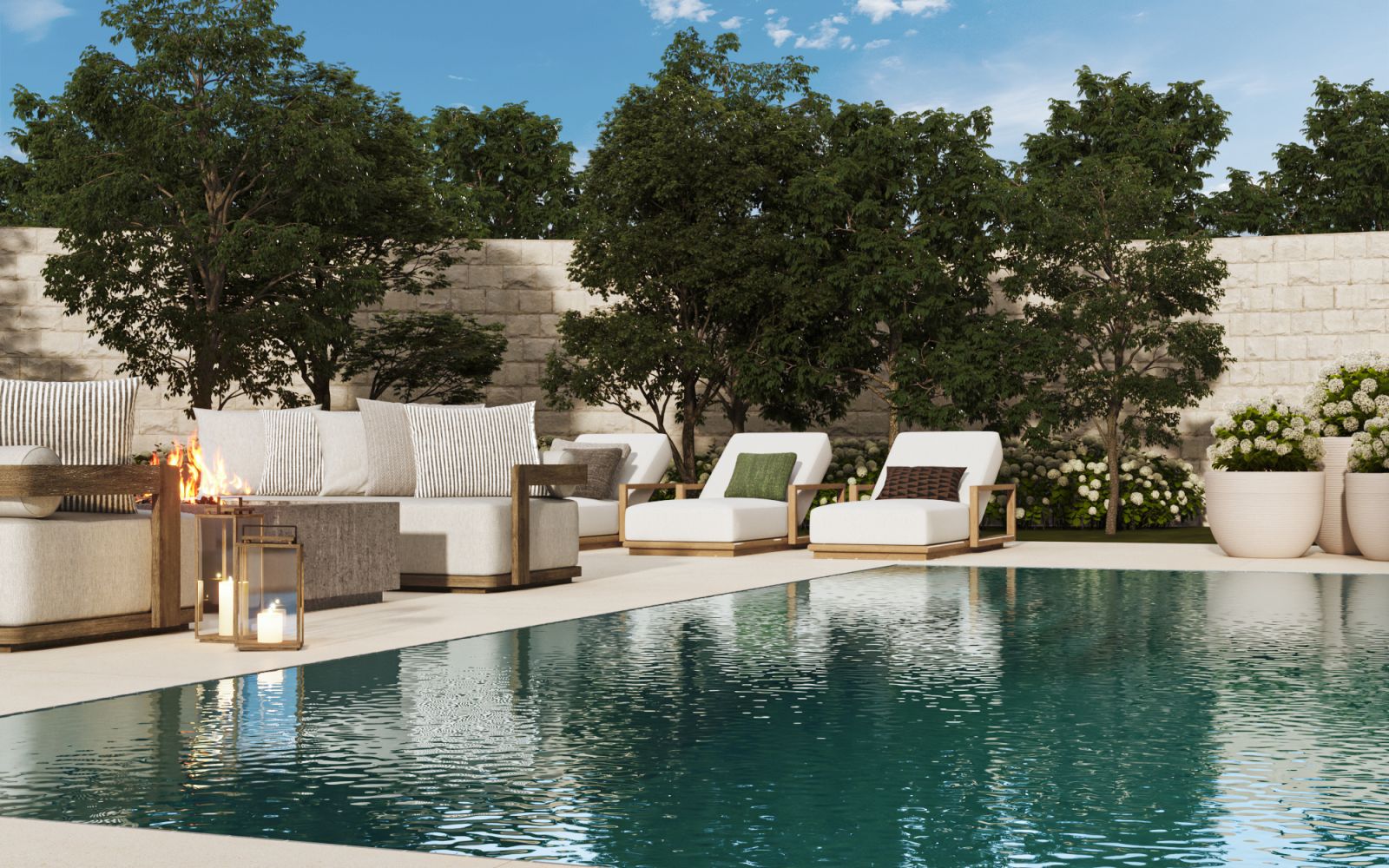 Residential 3D rendering of the Two family house pool with water at ground level, modern outdoor furniture and several plants