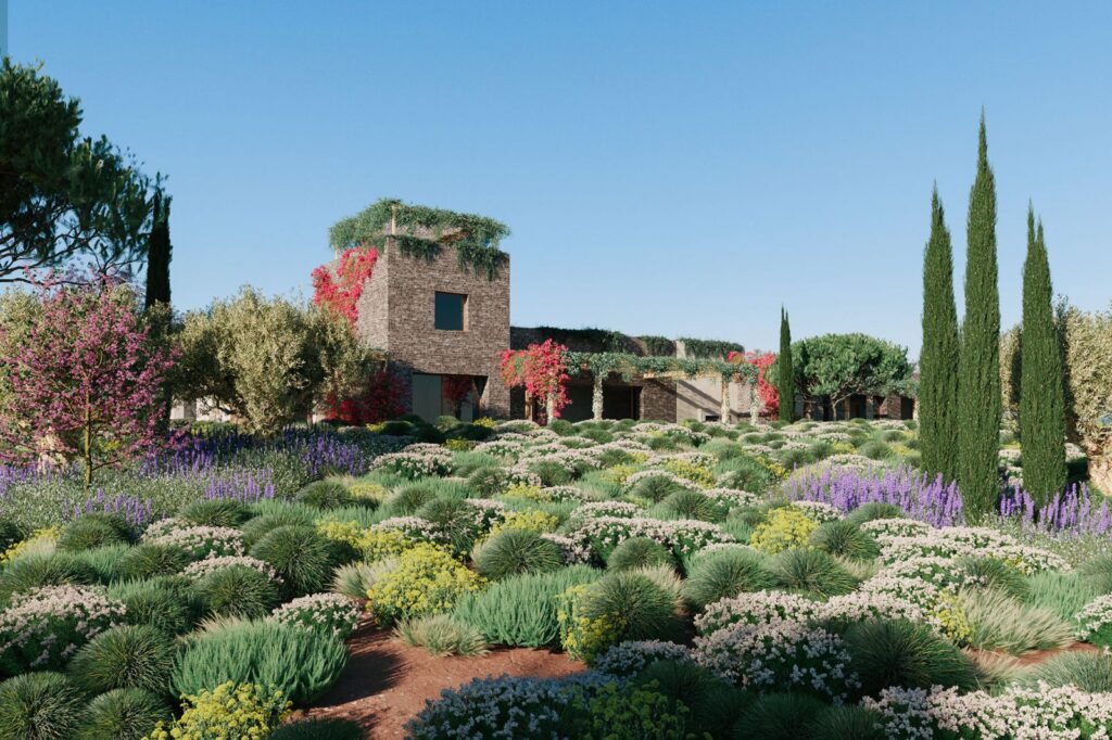 Wohn-3D-Rendering des Außenbereichs eines Einfamilienhauses voller malerischer Pflanzen
