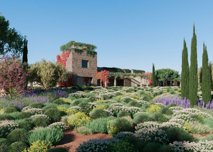 Residential 3D rendering of the Family House exterior full of picturesque plants