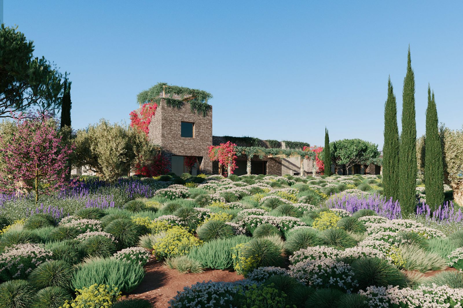 Residential 3D rendering of the Family House exterior full of picturesque plants