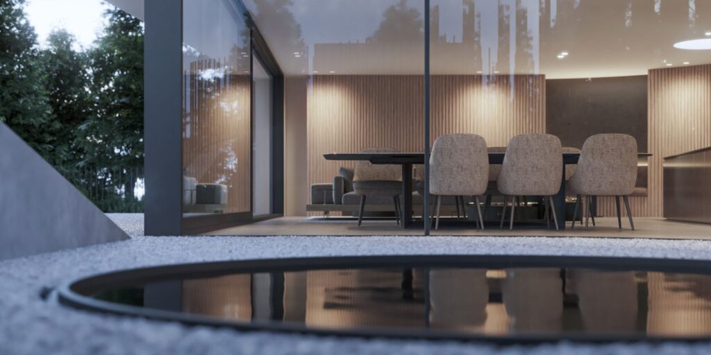Residential 3D rendering of the Casa Gug exterior of the dining room with large windows, lots of interior lighting and black finishes to accompany its minimalist style