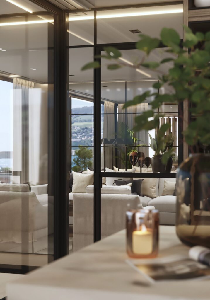 Residential 3D rendering of the Two family house marble furniture, glass doors and white armchairs