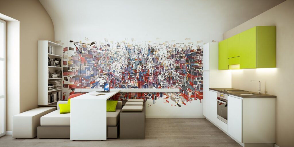 3D rendering of a residential apartment with a multipurpose space thanks to furniture that can be rotated and rearranged