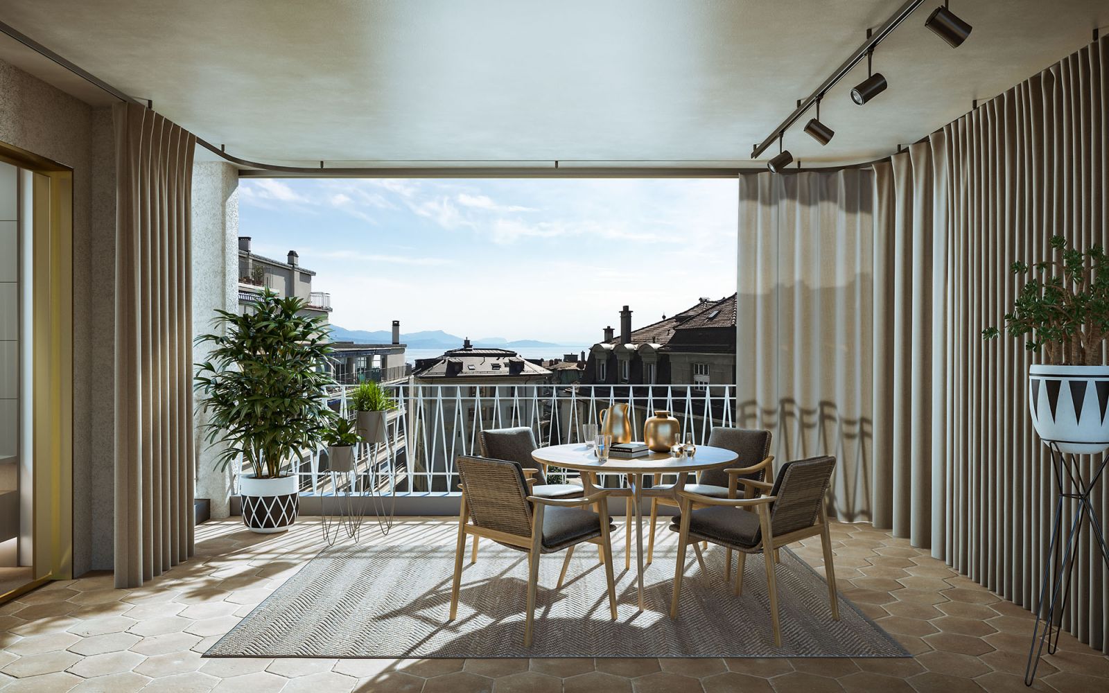 Residential 3D rendering of the Curtains floor-length cream-colored panoramic windows in a modern dining room