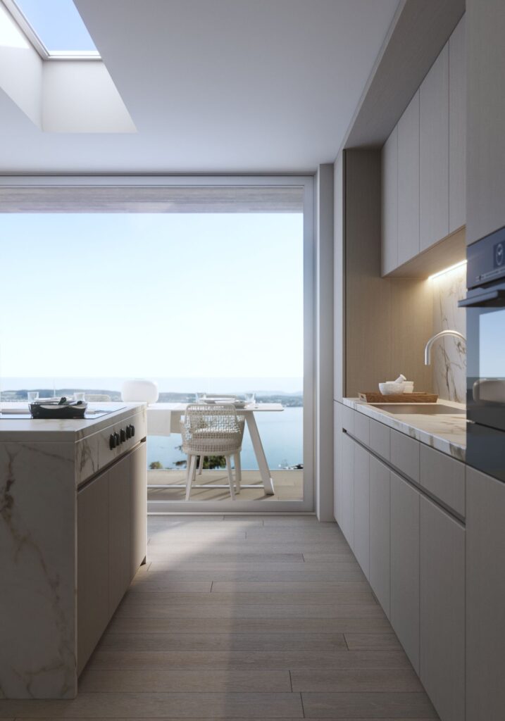 Residential 3D rendering of the San Nazzaro kitchen with marble countertops, large windows, and light colors on the walls and furniture