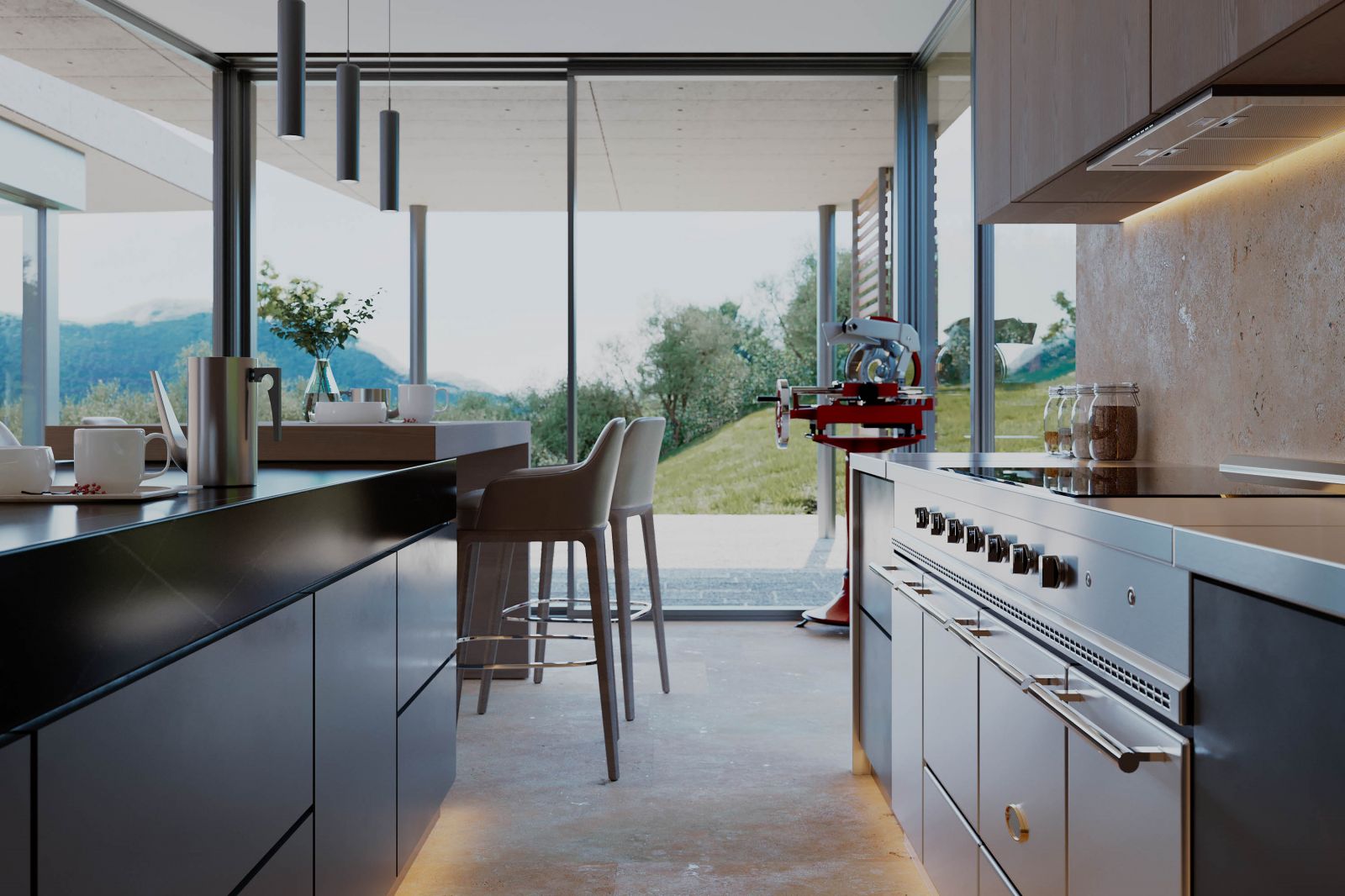 Residential 3D rendering of the Single house kitchen with illuminated floors, wood and metal furniture, and large windows.