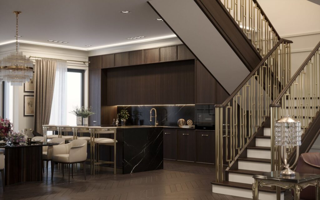 Residential 3D rendering of the Multy family building open-concept kitchen-diner with wood and black marble cabinets and plenty of natural light