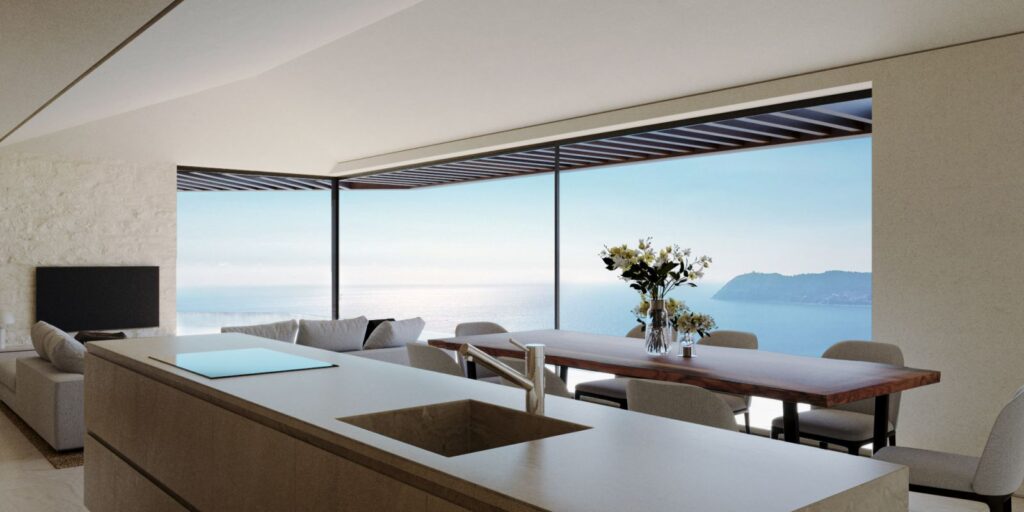 Wohn-3D-Rendering der Küche eines Zwei-Häusers mit viel natürlichem Licht dank der Fenster und der hellen Farben der Wände