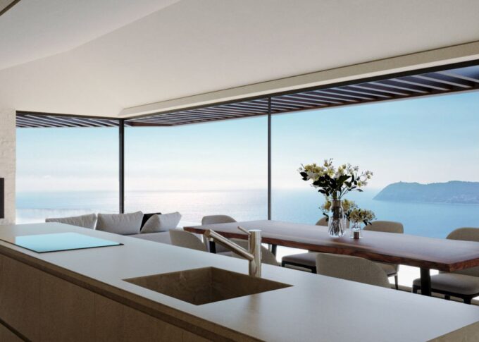 Residential 3D rendering of the Two houses kitchen with lots of natural light thanks to the windows and the light colors of the walls