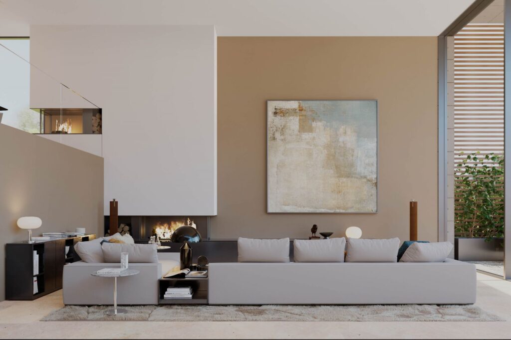 Residential 3D rendering of the Single house living room decorted with modern style, a chimney and a white sofa