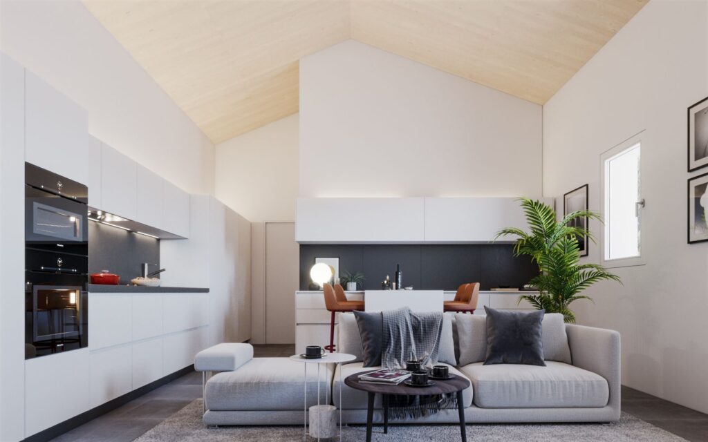 3D-Rendering des modernen Wohnzimmers der Casa Pietrosa mit Holzdecken und sauberen Oberflächen