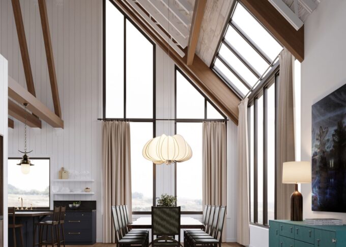 Residential 3D rendering of the Sula modern living room with wooden floors, blue furniture, windows and high ceilings