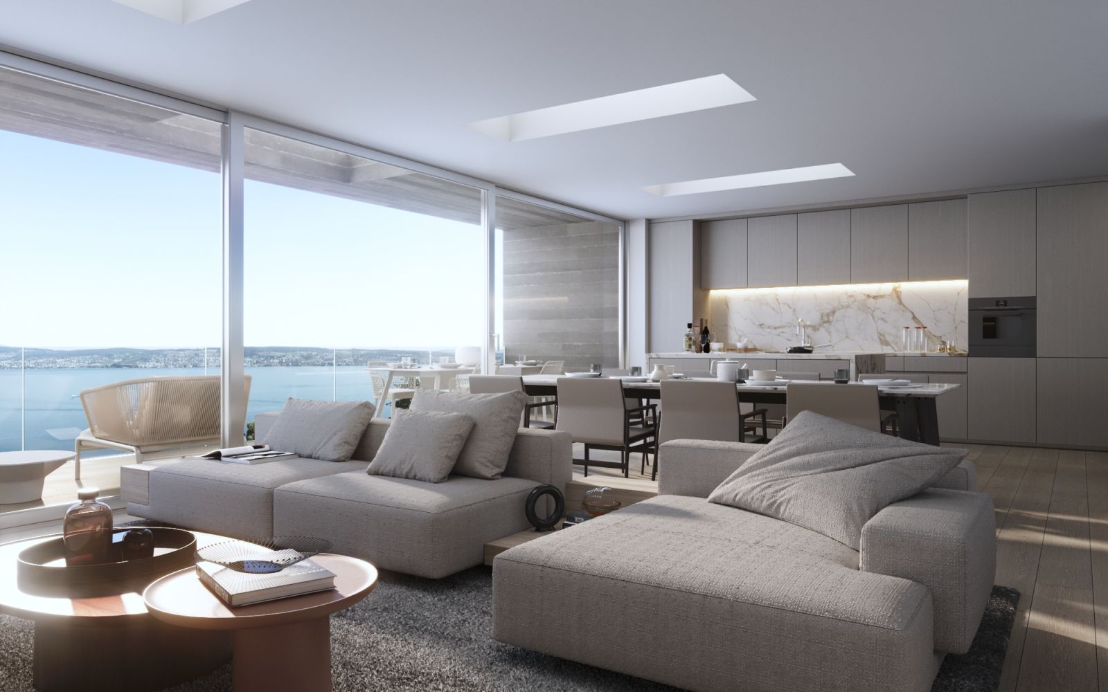 Residential 3D rendering of the San Nazzaro open concept living room with a fireplace, grey armchairs and lots of natural light