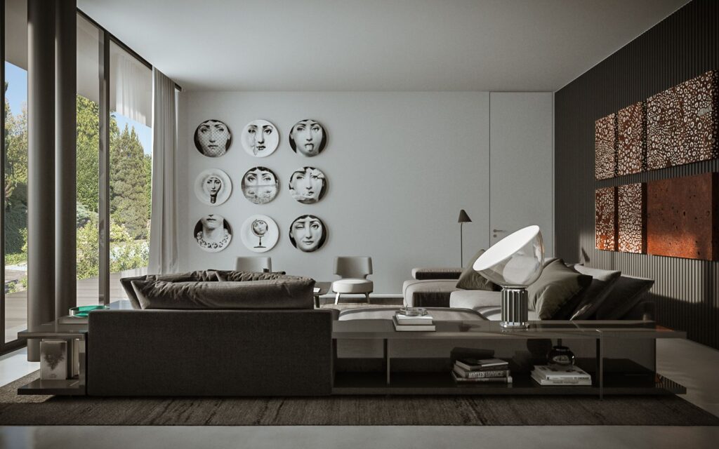 Residential 3D rendering of the Villa living room with a dark-colored wall that has textures to create an original room, along with its large gray armchair and the paintings chosen as decoration.