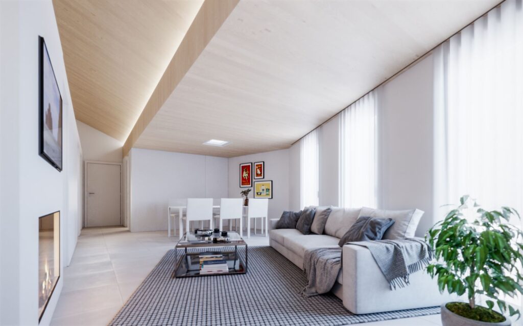 3D-Rendering des Wohn- und Esszimmers der Casa Pietrosa mit viel natürlichem Licht