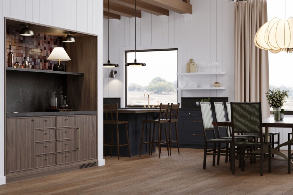 Residential 3D rendering of the Sula open-concept dining room with floor-to-ceiling windows and a bar