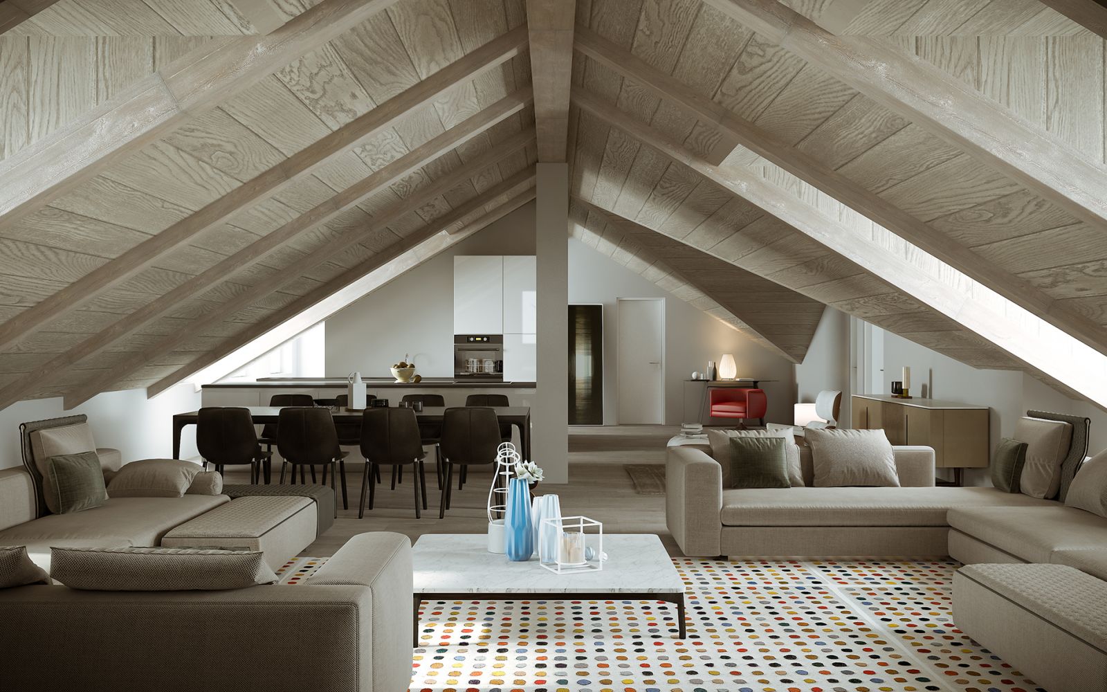 Residential 3D rendering of the the kitchen, dining room and living room with open concept and gabled roof