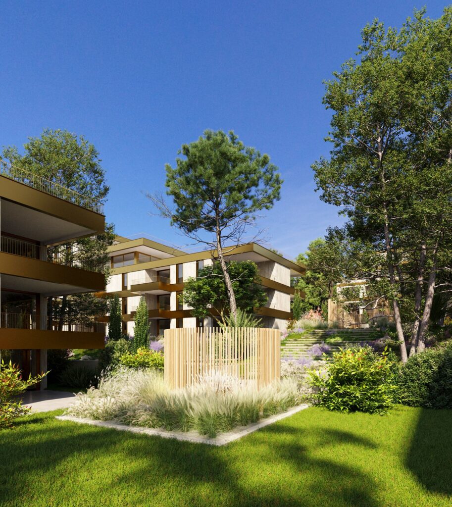Residential 3D rendering of the Quartier Sonnental inner courtyard between the buildings, which can be seen from many of the balconies, with a wooden decoration