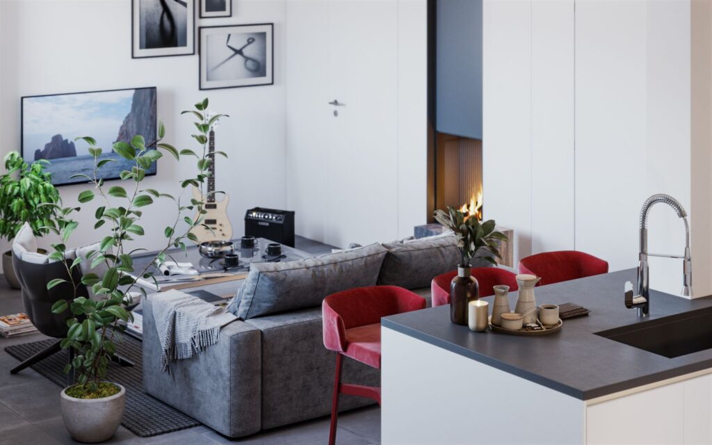 Wohn-3D-Rendering der Küche und des Wohnzimmers von Casa Pietrosa, gestaltet mit verschiedenen Grautönen bei den verwendeten Möbeln